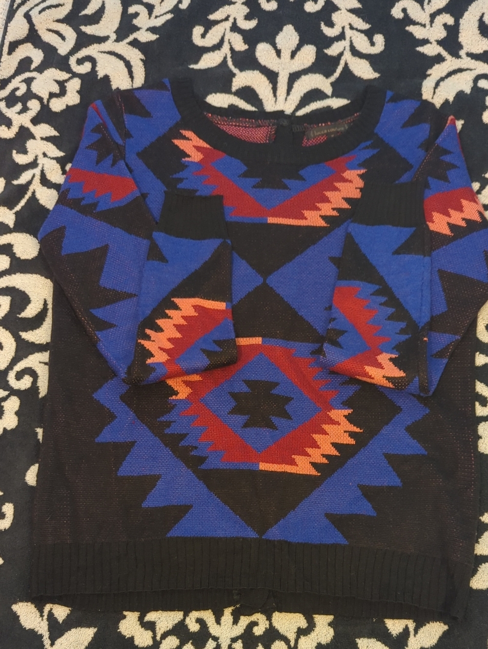 Lucca Couture Black Sweater with Blue & Red Aztec Motif - M Buttons Up Back